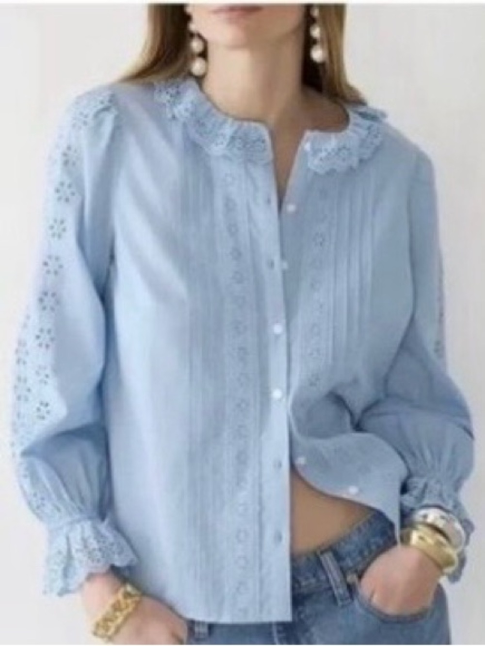 J. Crew Light Blue Eyelet Pintuck Ruffle Collar Button-Down Shirt